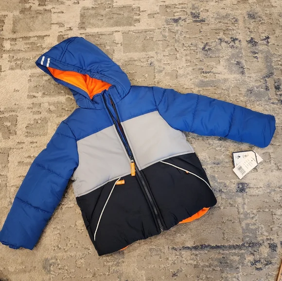 NWT Oshkosh 2-Piece Snowsuit Set Fleece Lined Blue Grey Coat Navy Bib M 5-6